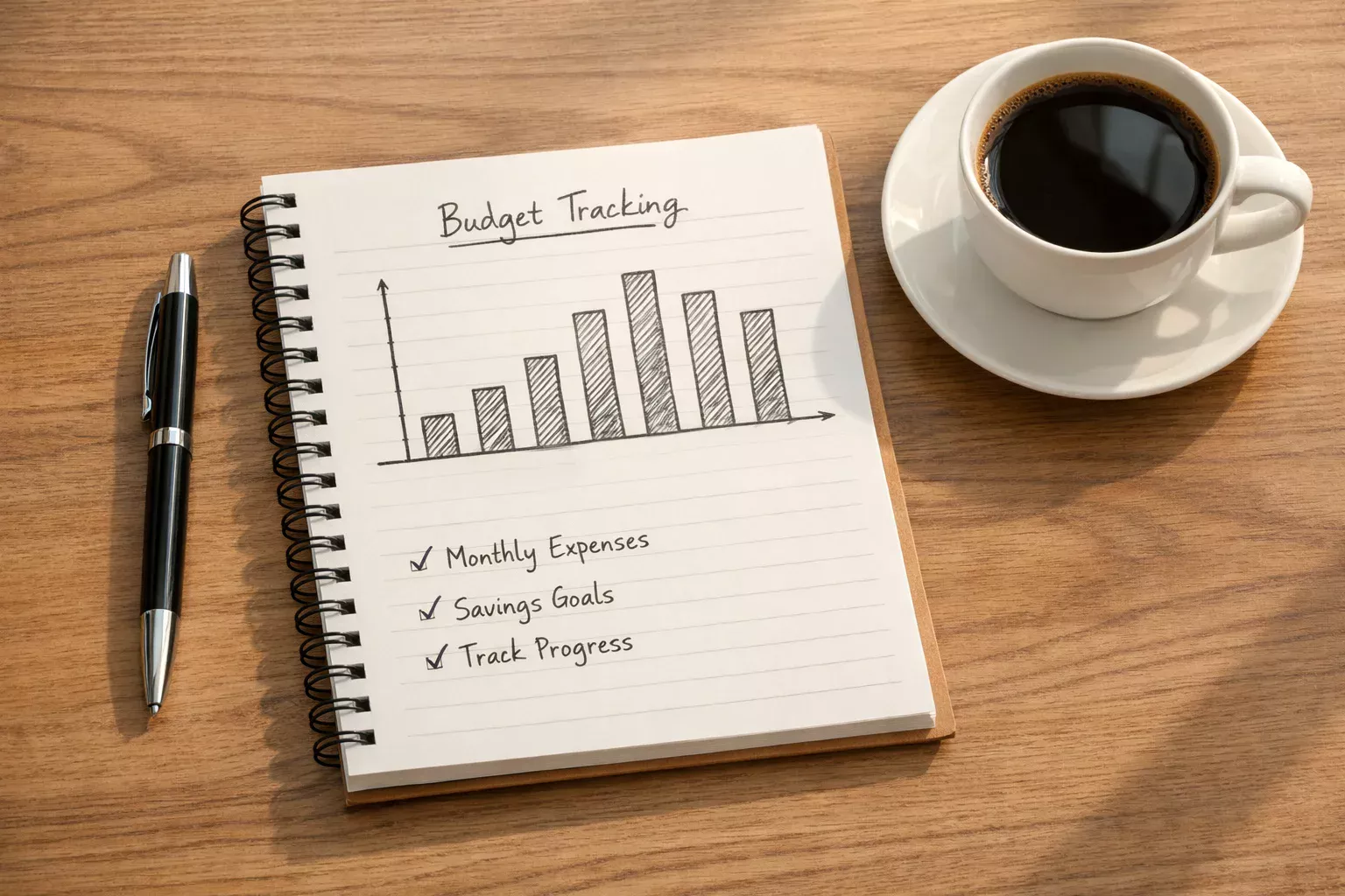 Notitieblok met pen en eenvoudige staafgrafiek voor budgetplanning op houten bureau