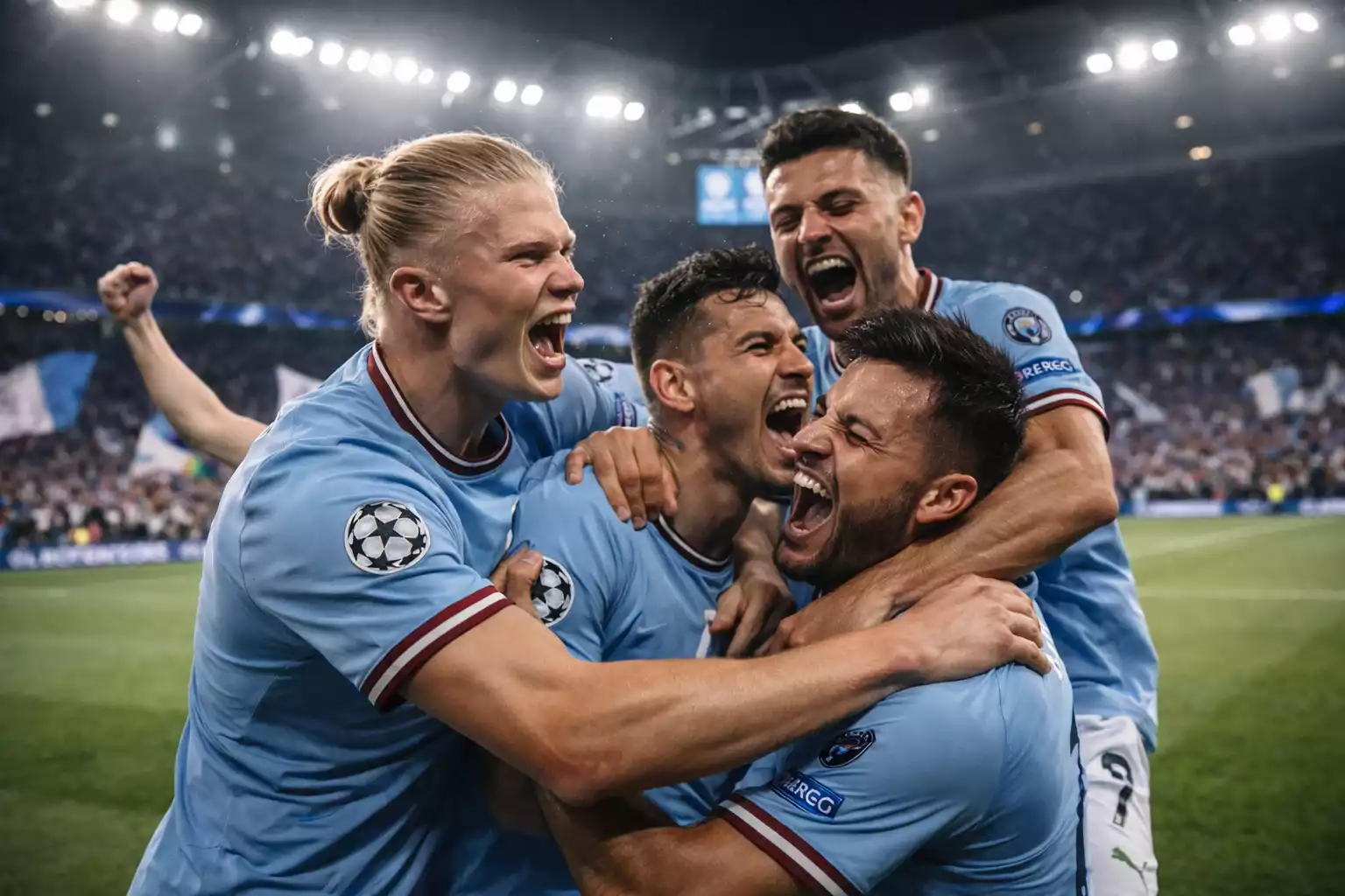 Manchester City spelers vieren doelpunt in Champions League wedstrijd