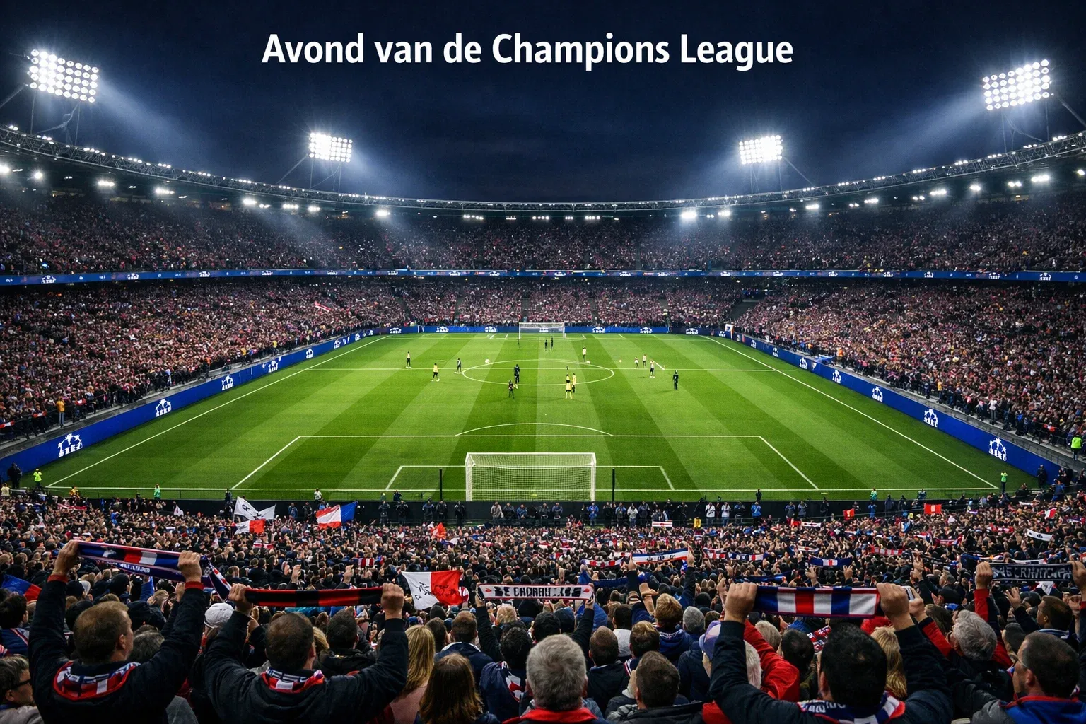 Champions League voetbalstadion gevuld met supporters tijdens Europese avond