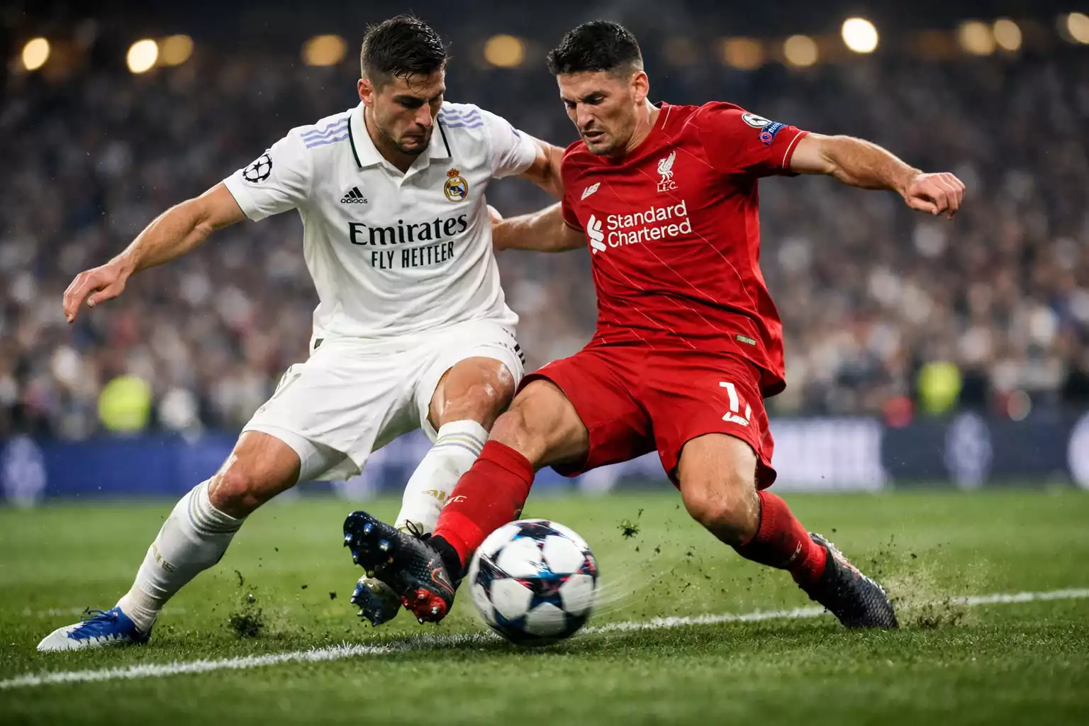 Dynamische actie tijdens Champions League wedstrijd met bal in beweging