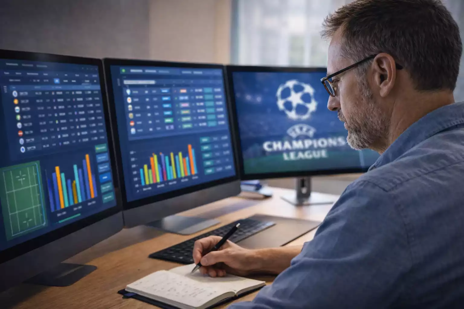 Analyst bekijkt Champions League statistieken op meerdere schermen