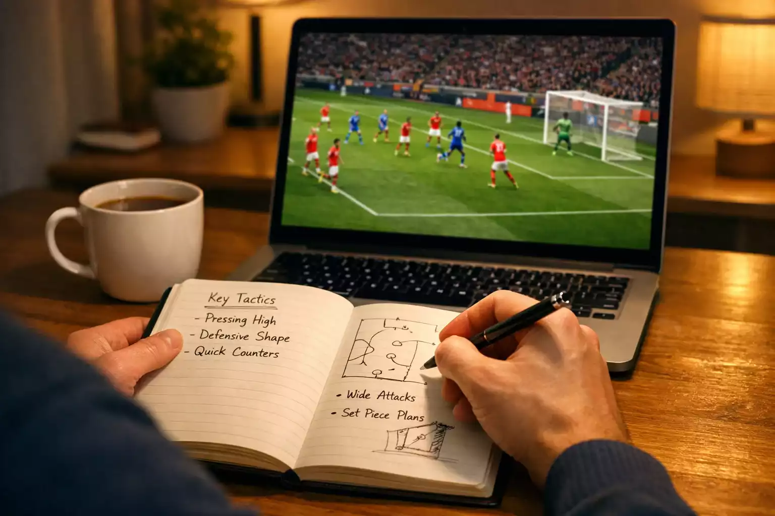 Persoon maakt notities terwijl hij voetbalwedstrijd analyseert