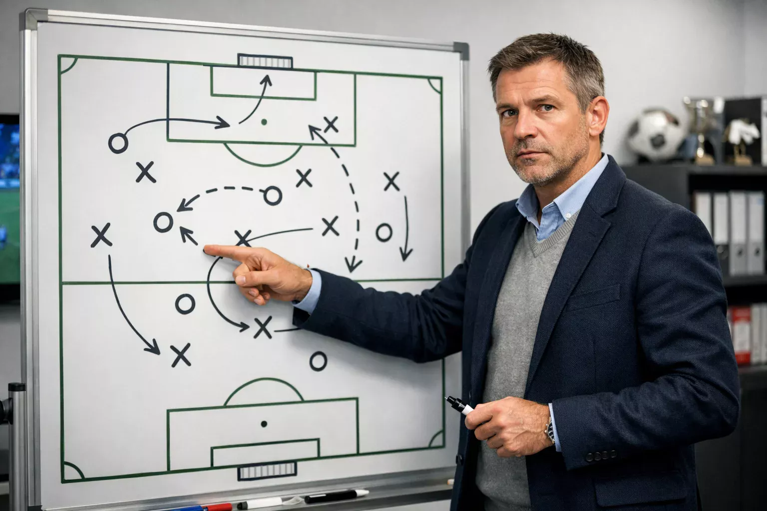 Expert analyseert voetbalwedstrijd met tactisch bord