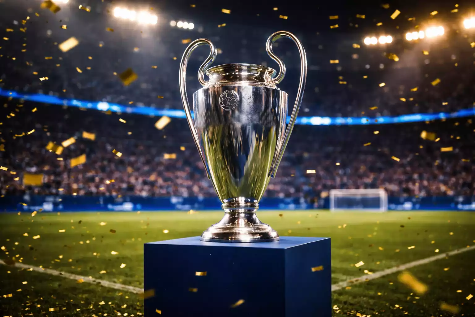 Champions League trofee verlicht in stadion met confetti