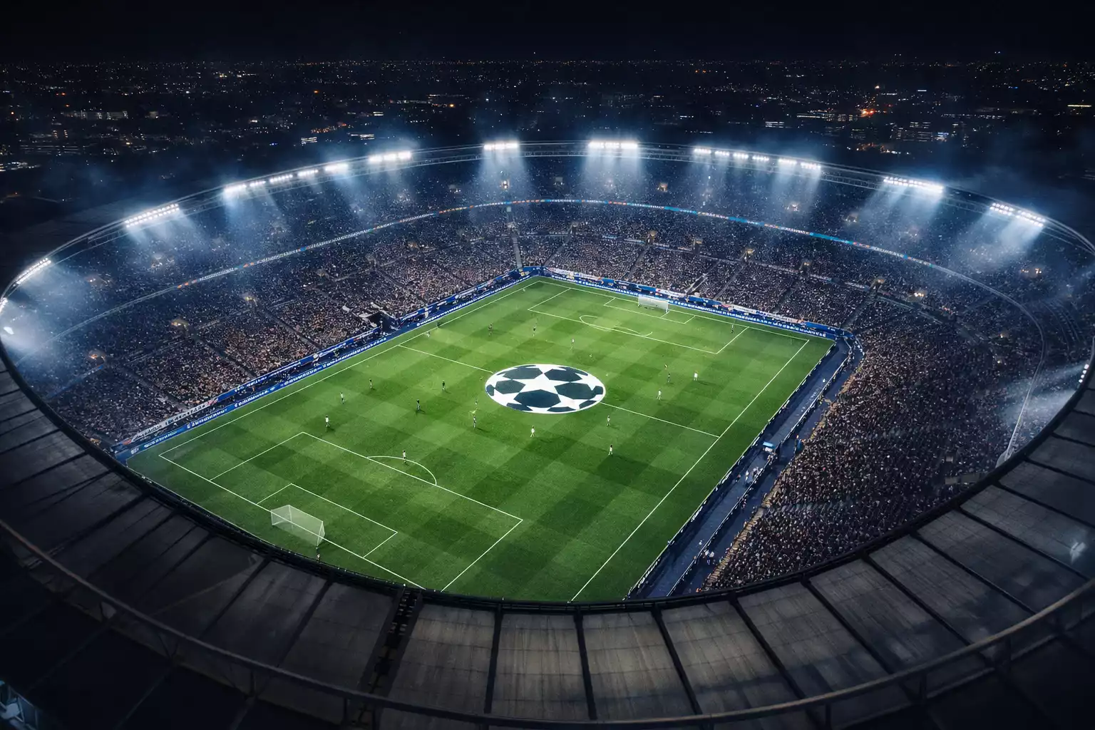 Overzicht van Europees voetbalstadion tijdens Champions League avond