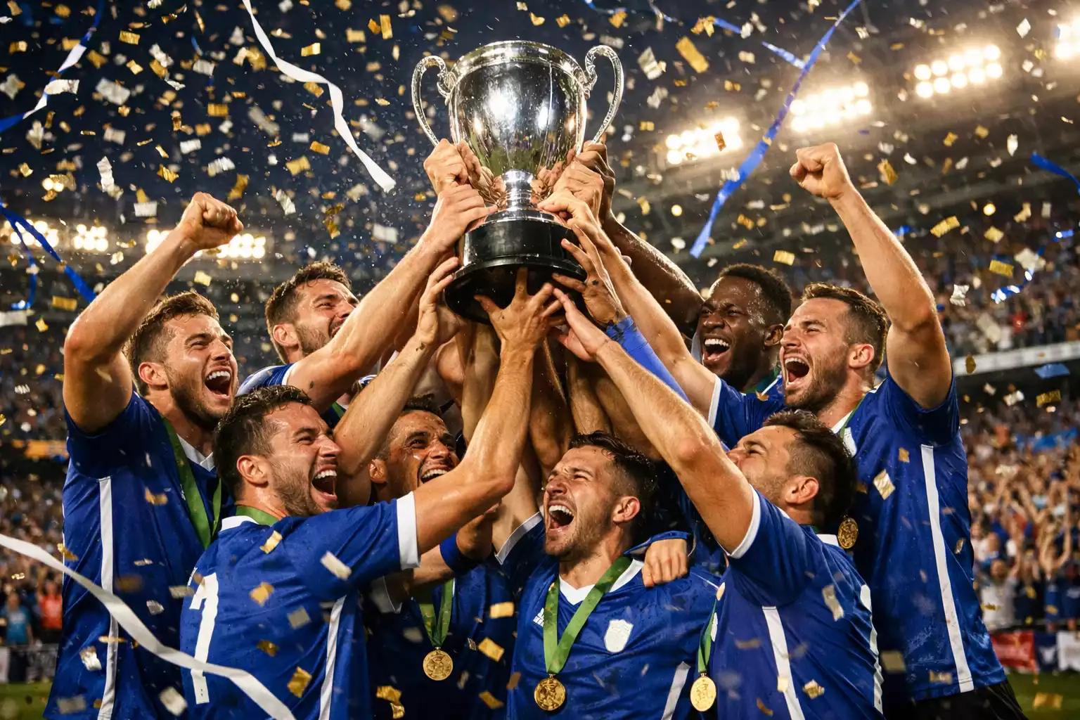 Voetbalteam viert overwinning met beker in handen