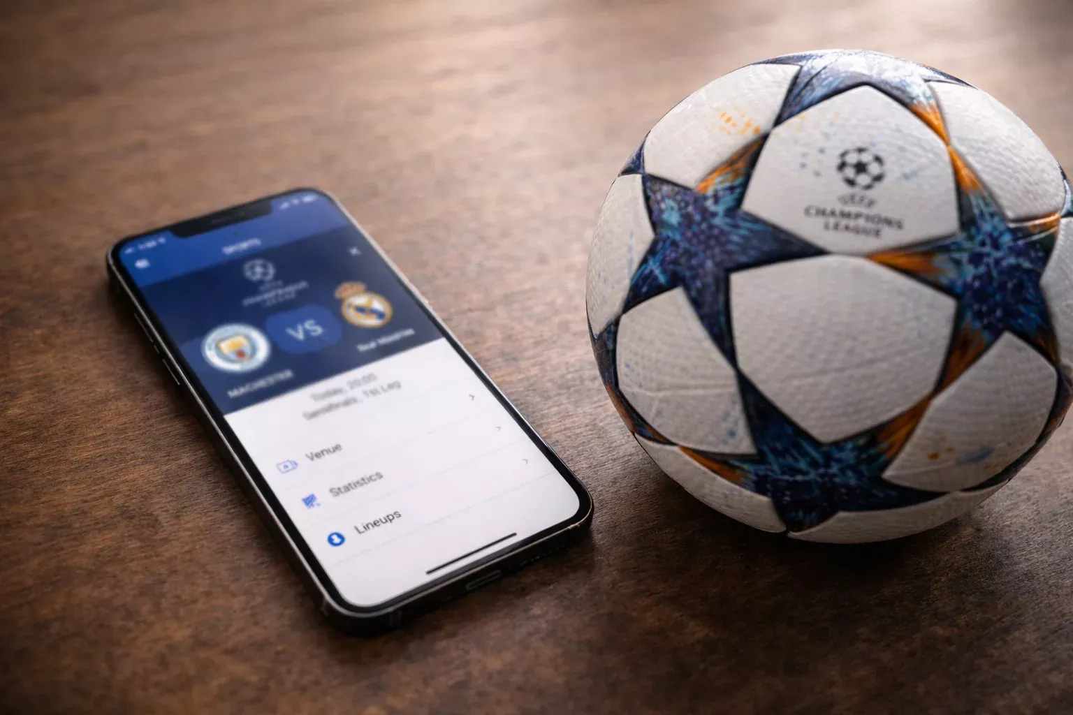 Moderne smartphone met sportapp interface naast voetbal