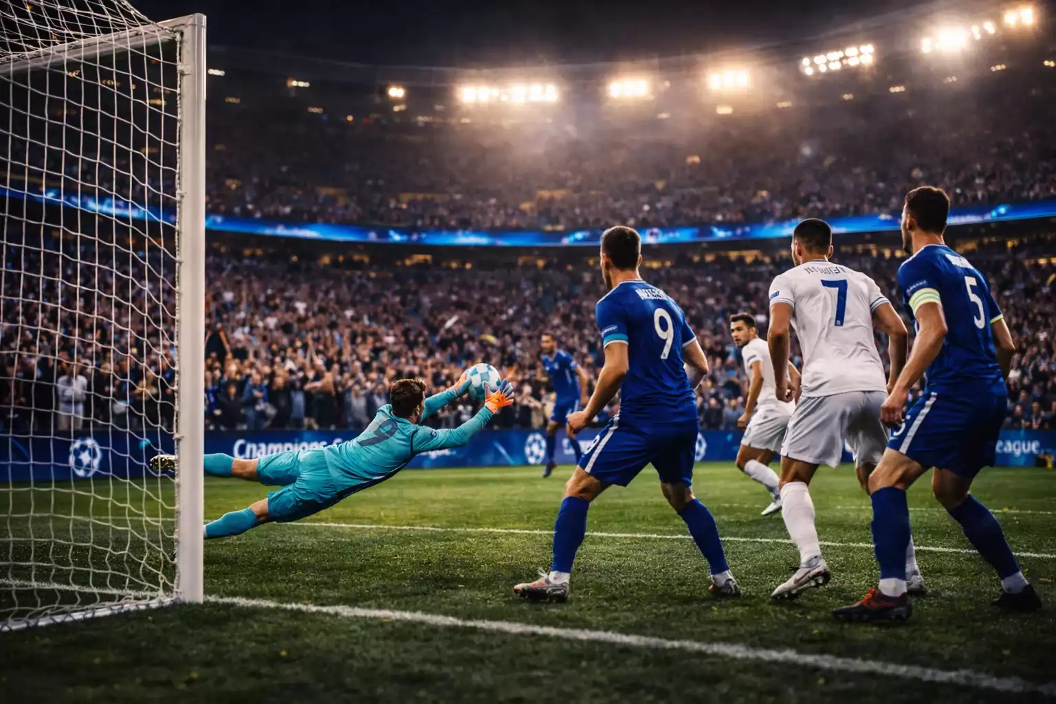 Spannend moment tijdens Champions League wedstrijd met supporters op achtergrond