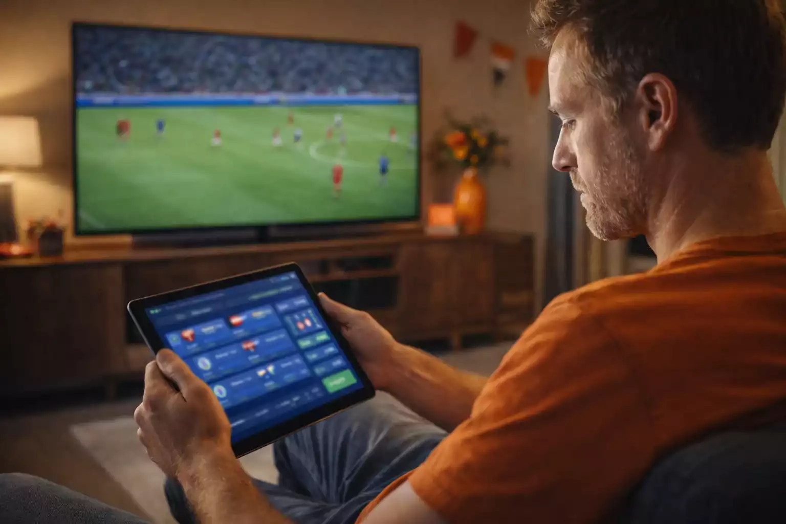 Fan volgt live voetbalwedstrijd op tablet terwijl hij kijkt naar TV