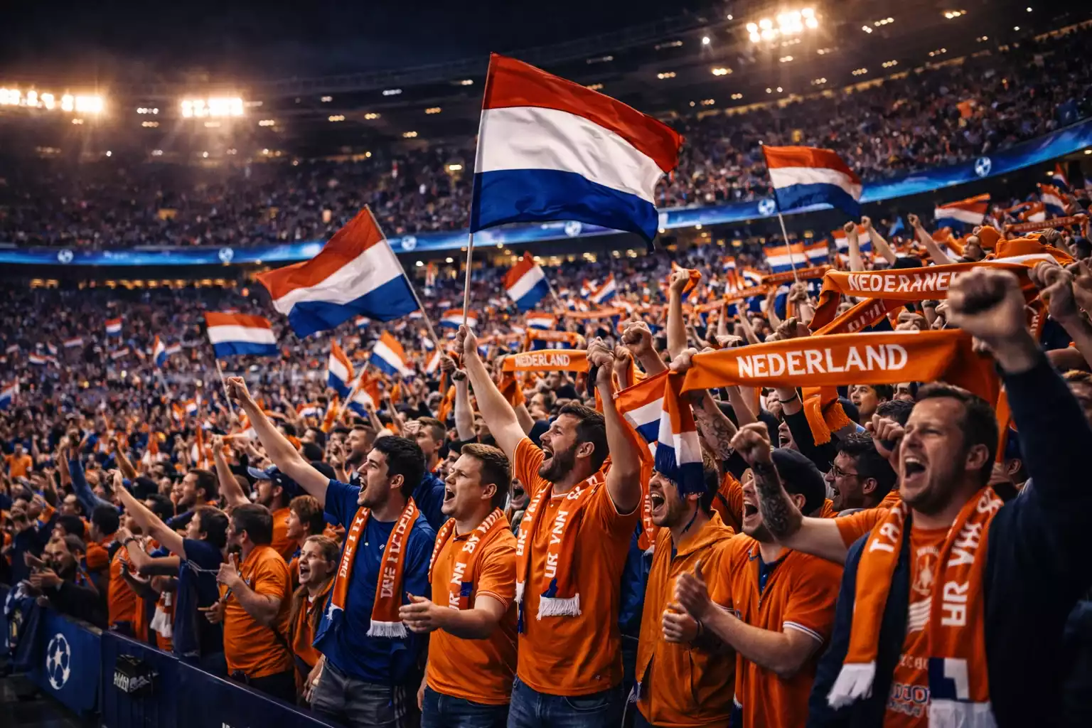 Nederlandse voetbalsupporters met oranje sjaals in Europees stadion