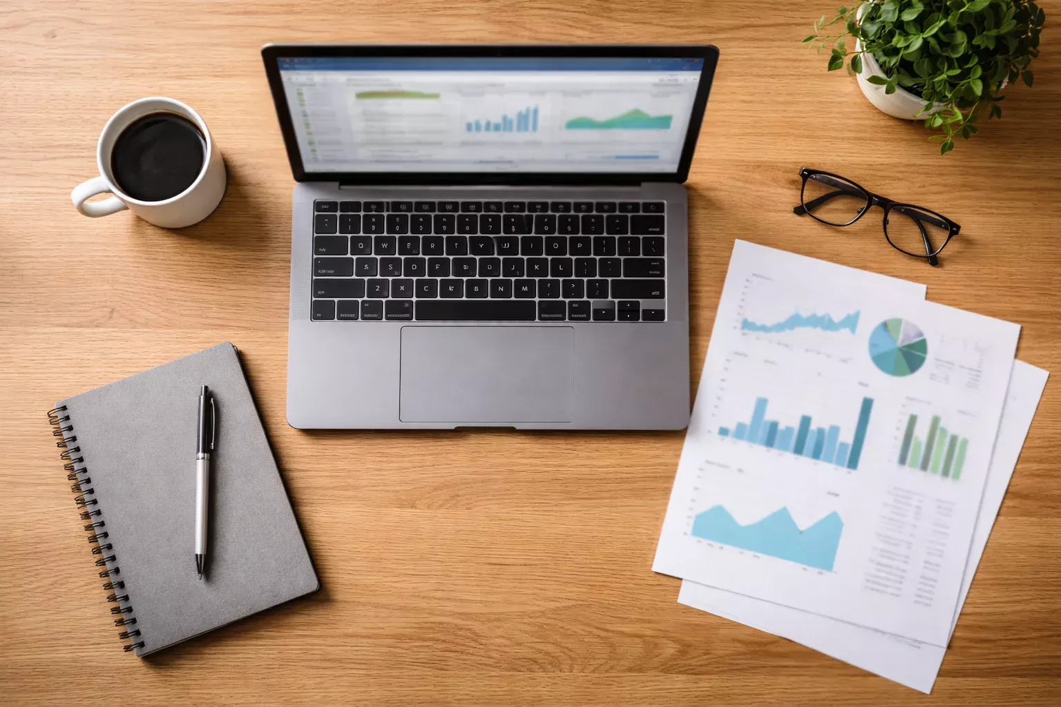 Georganiseerde werkplek met laptop en notities voor analyse