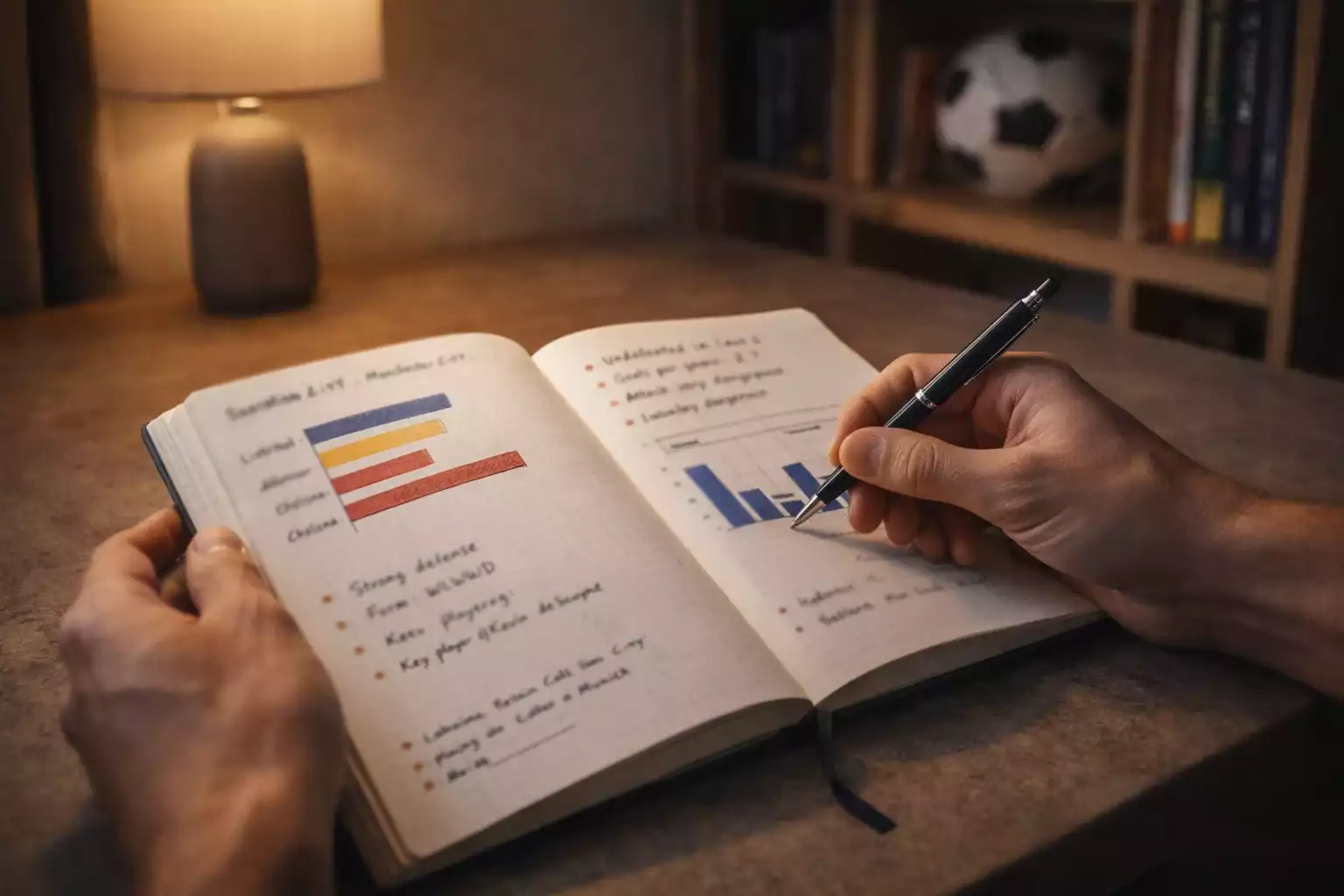 Persoon bestudeert voetbalstatistieken in notitieboek