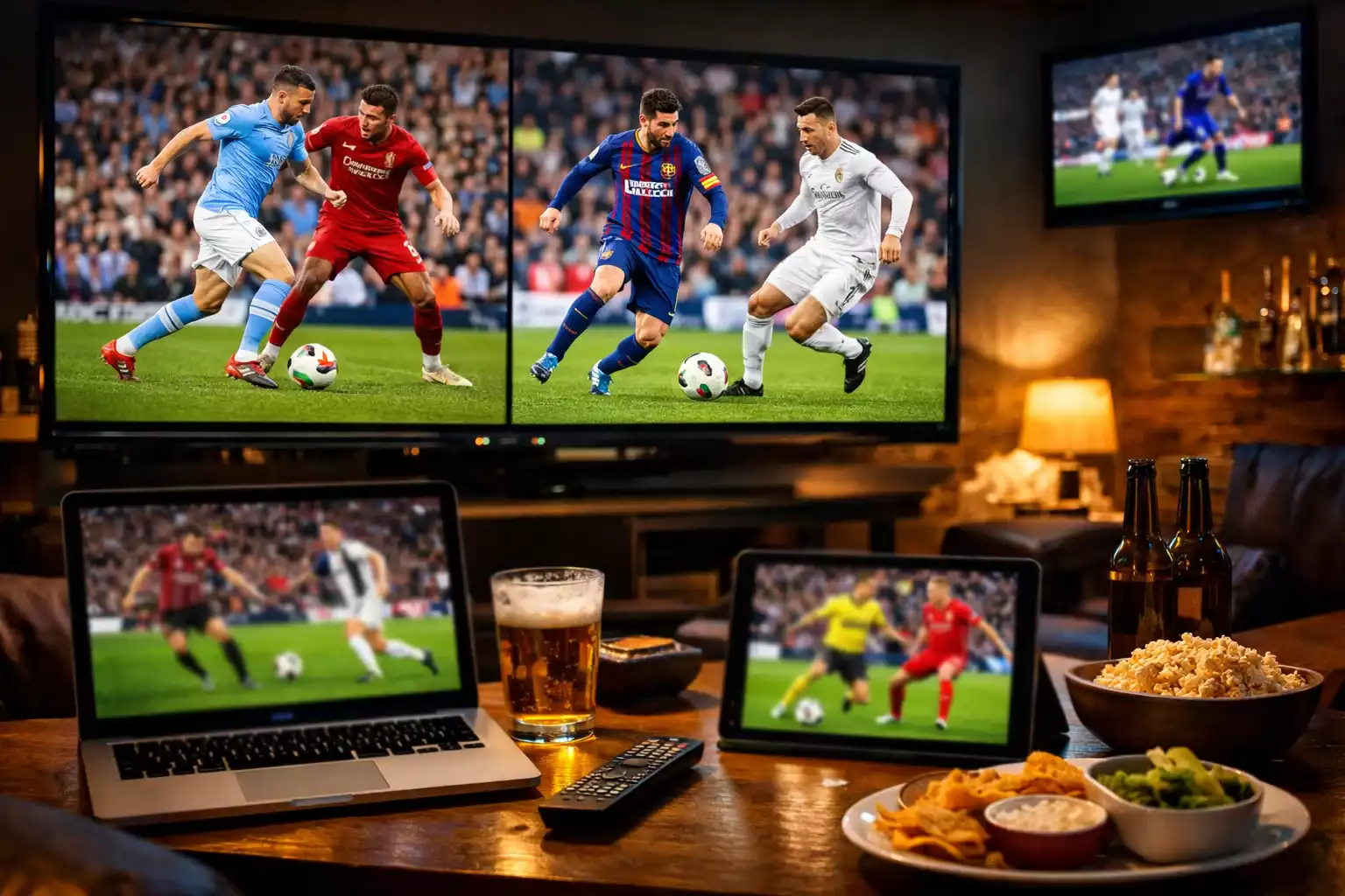 Meerdere voetbalwedstrijden op verschillende schermen