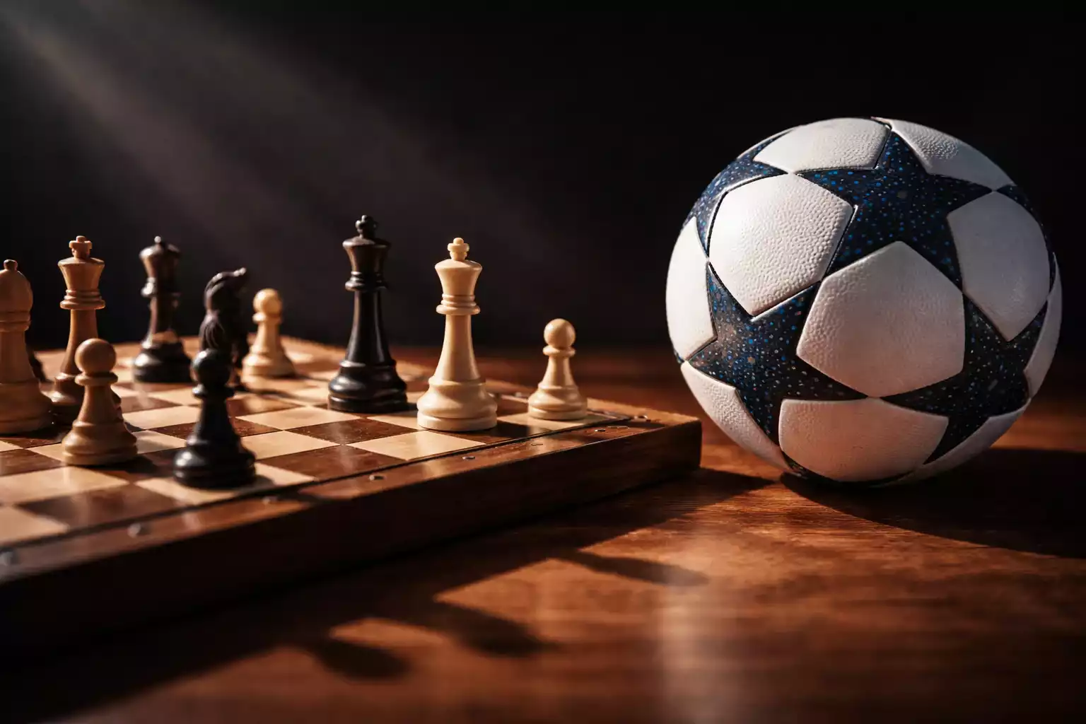 Strategisch schaakbord naast voetbal symboliseert wedstrategie