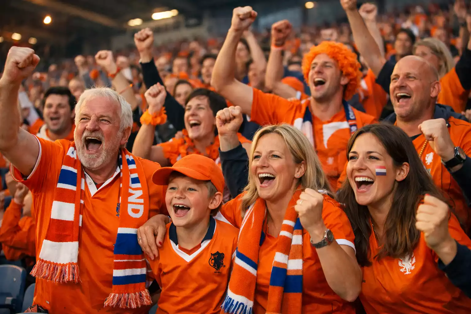 Enthousiaste Nederlandse voetbalfans met oranje shirts juichend op de tribune