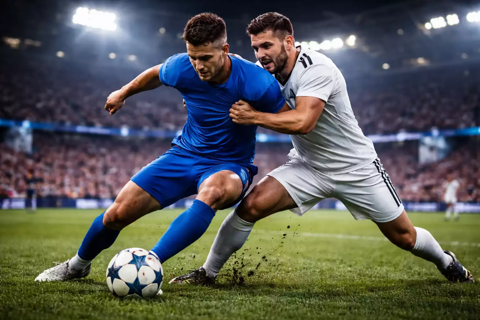Voetballers in actie tijdens een spannende Champions League wedstrijd onder de stadionlichten